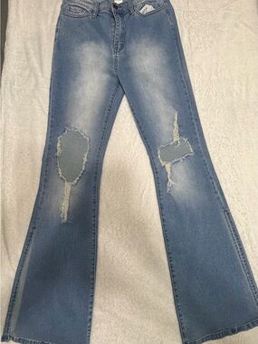 Light Blue Distressed Flare Jeans for Women